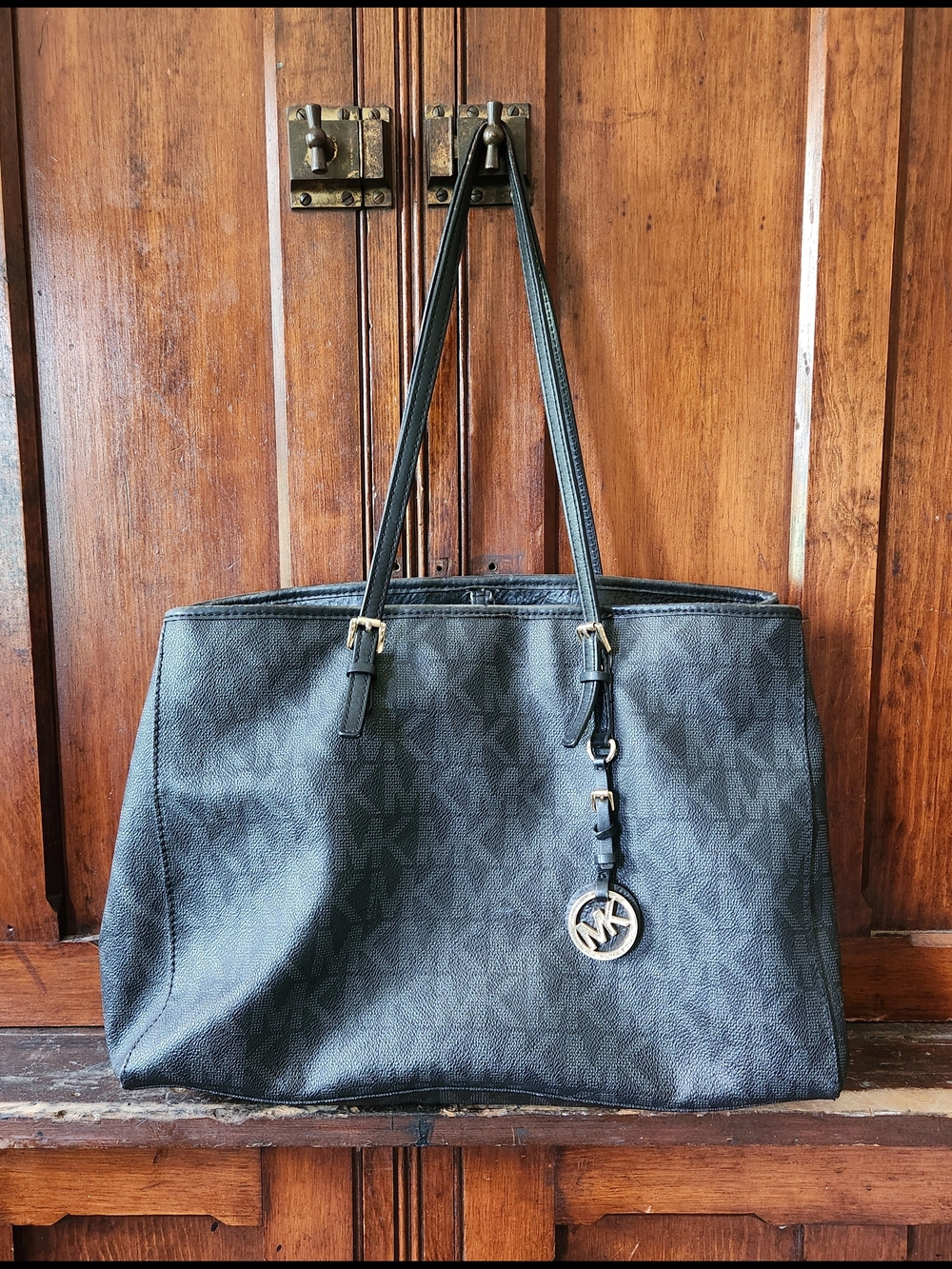 Michael Kors Black Logo-Print Tote with Gold MK Charm